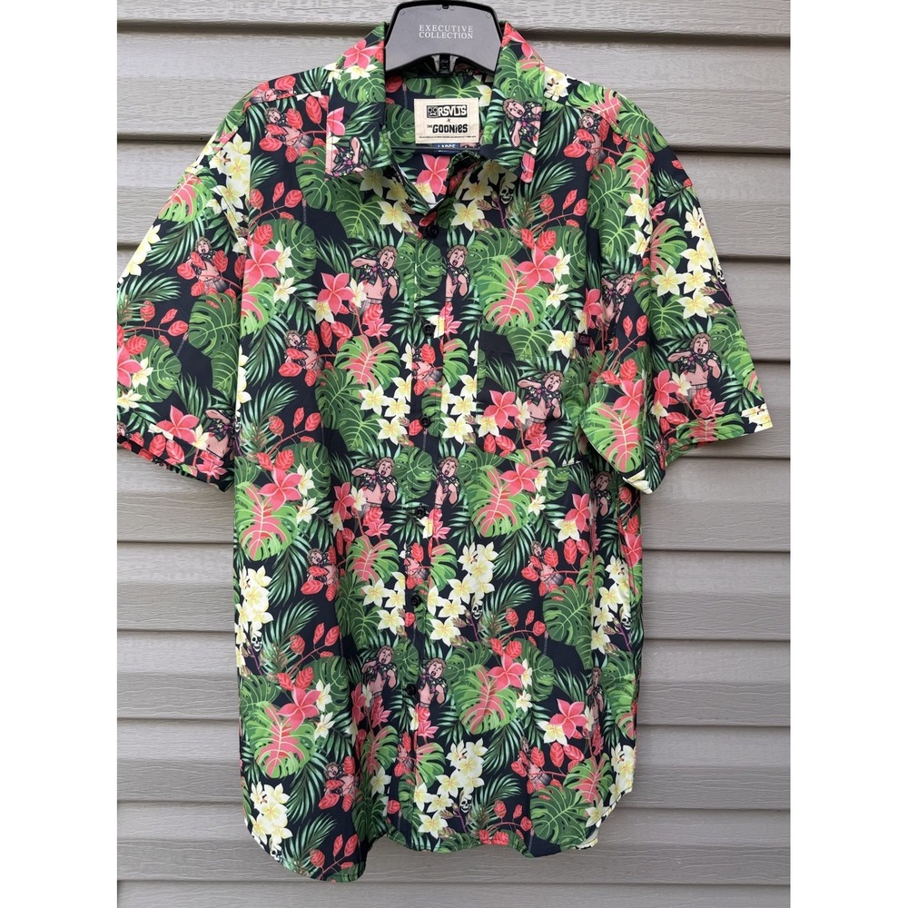 RSVLTS x The Goonies Truffle Shuffle Shirt Mens L Black Floral KUNUFLEX Stretch